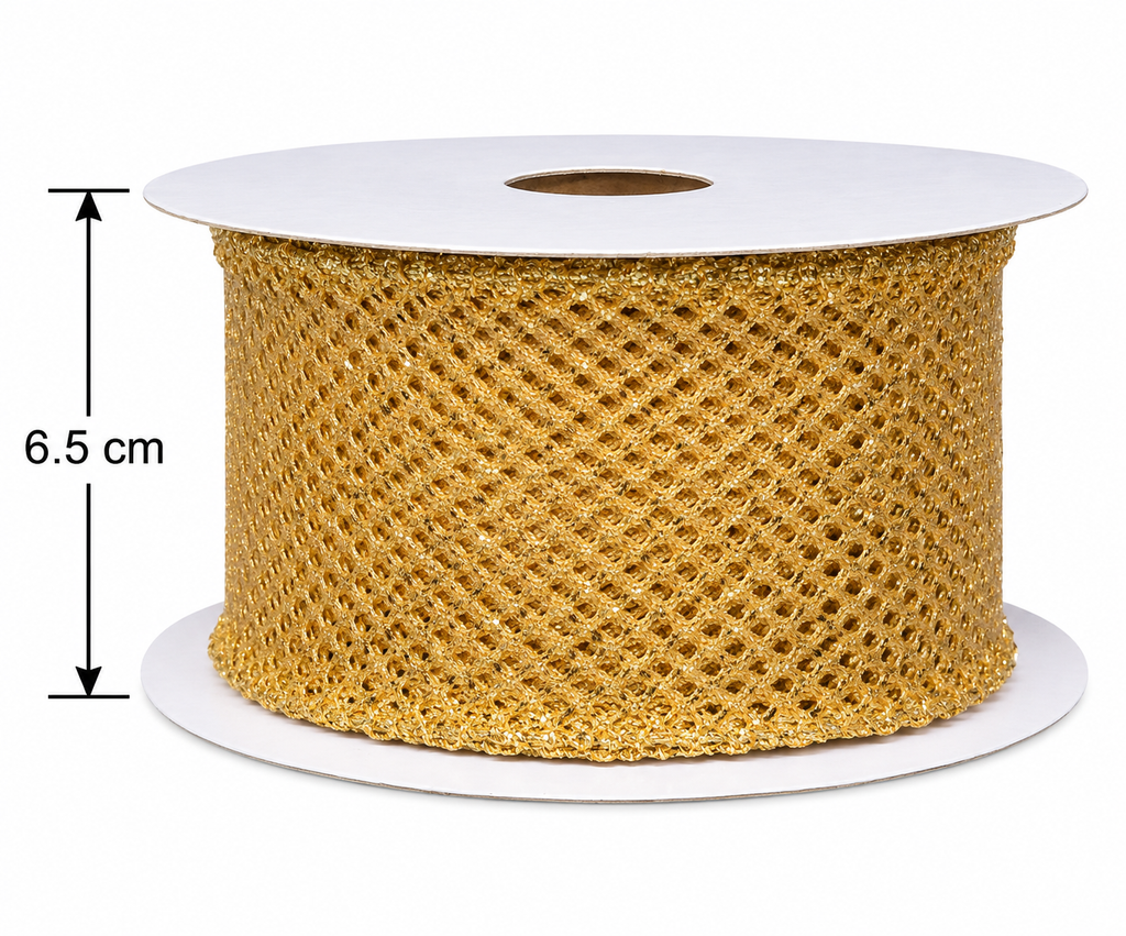 Gold wired mesh Christmas ribbon spool on a white background showing a width of 6.5cm and the diamond lattice weave detail
