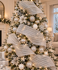 Silver metallic mesh ribbon wound in cascading loops through a decorated Christmas tree with silver and gold ornaments and fairy lights