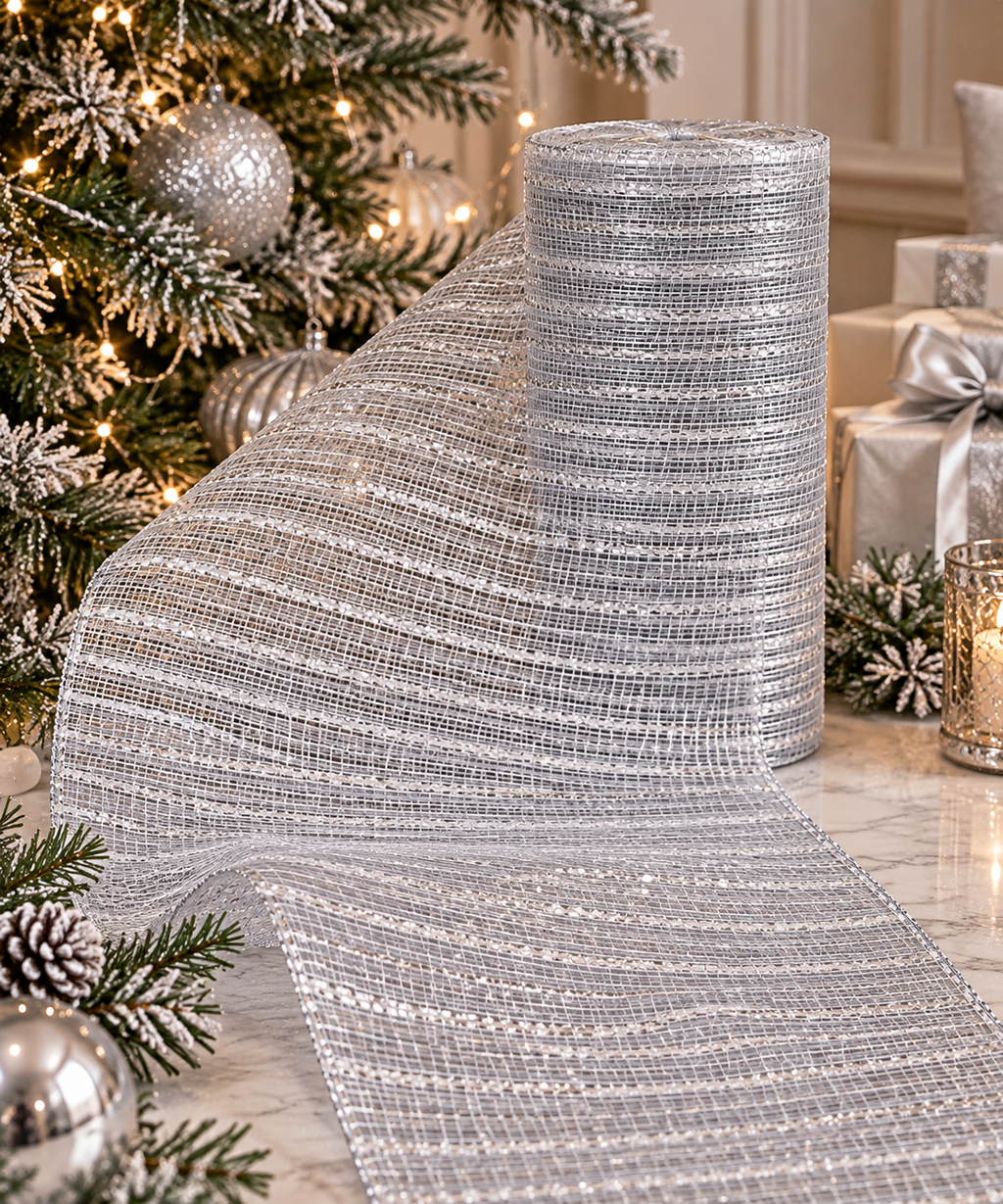 Roll of silver metallic mesh ribbon unrolled beside a Christmas tree, showing the woven texture and shimmer up close