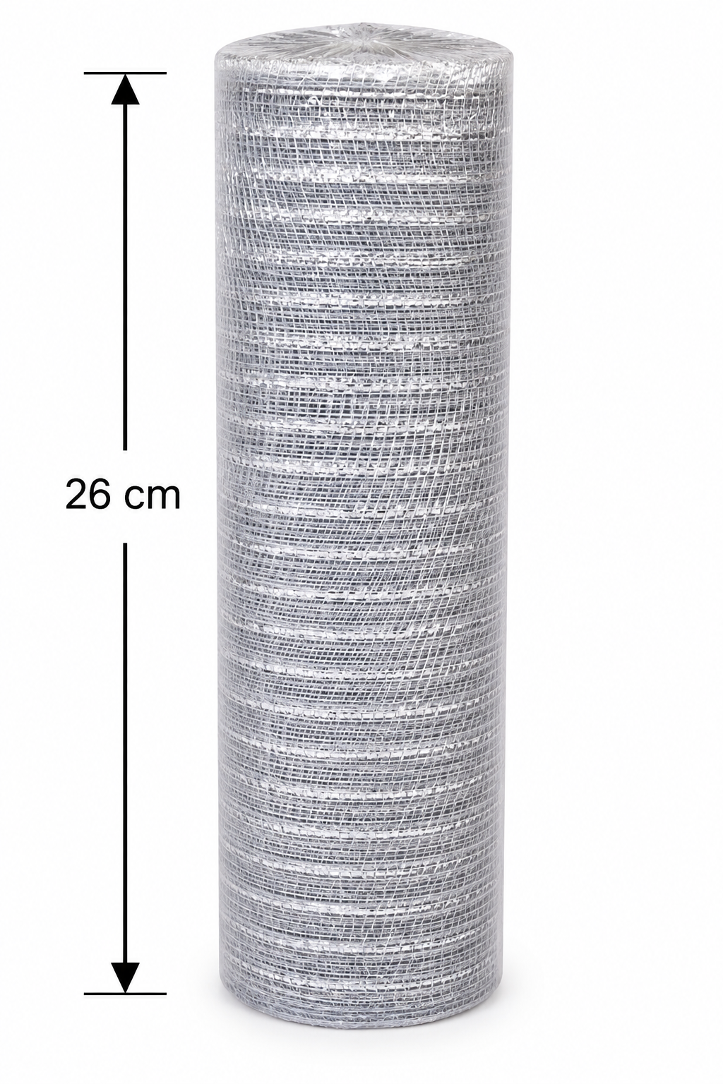 Rolled silver metallic mesh ribbon on a white background with a 26cm width measurement shown