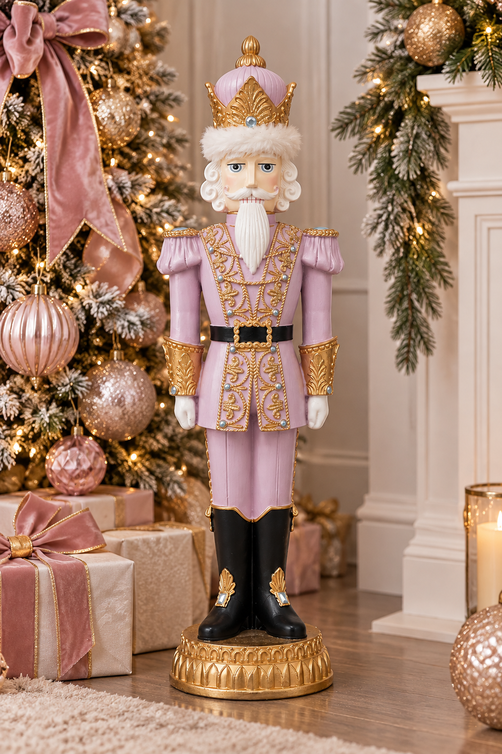 Lilac and gold nutcracker king figurine standing beside a decorated Christmas tree with pink ribbon and gold ornaments, next to wrapped gifts in a pastel Christmas display