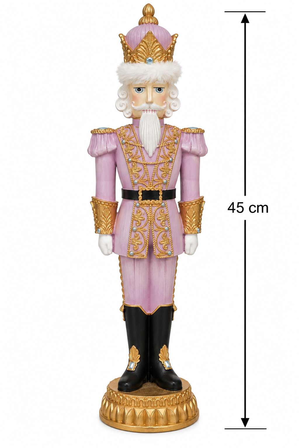 Lilac and gold nutcracker king figurine on a white background with a height guide showing 45cm, wearing a gold crown, fur-trimmed hat, and black boots with gold detailing