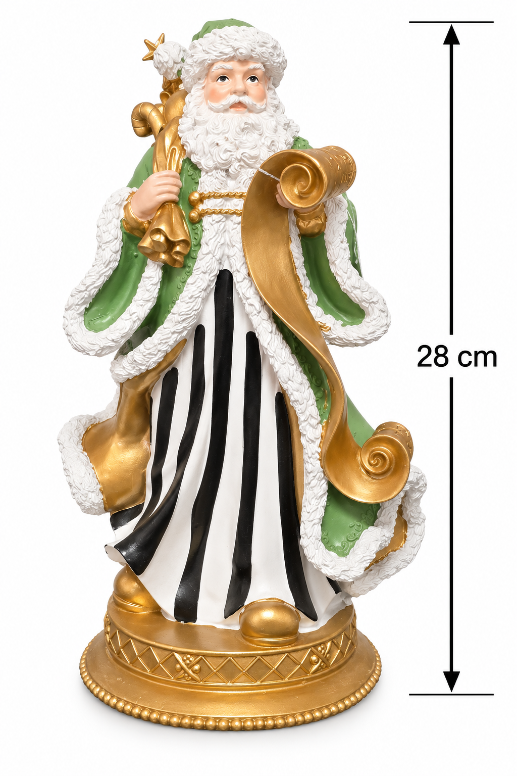 Green and gold Santa Claus figurine on a plain white background with a measurement arrow showing 28cm height