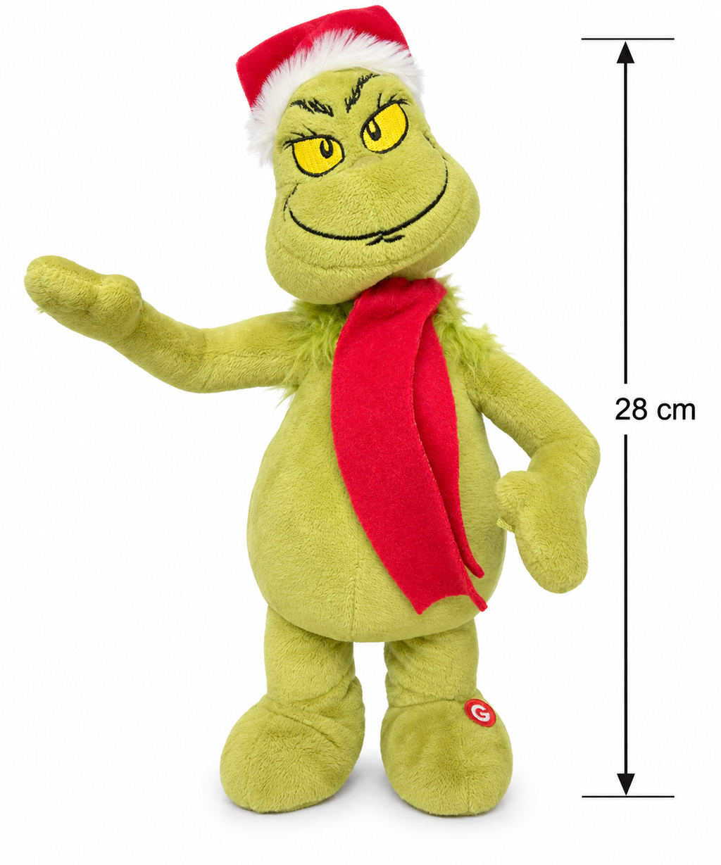 Animated Grinch plush toy on a white background with a height guide showing 28cm, wearing Santa hat, scarf, and mittens with one arm raised in a wave