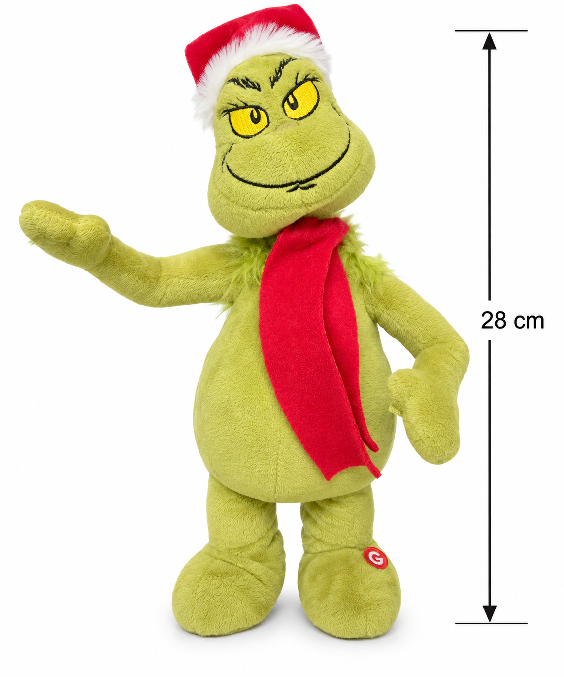 Animated Grinch plush toy on a white background with a height guide showing 28cm, wearing Santa hat, scarf, and mittens with one arm raised in a wave