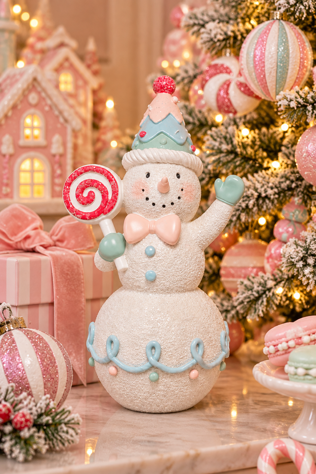 Pastel candy snowman figurine holding a swirled lollipop, displayed on a marble table beside a Christmas tree, gingerbread house, and pastel macarons