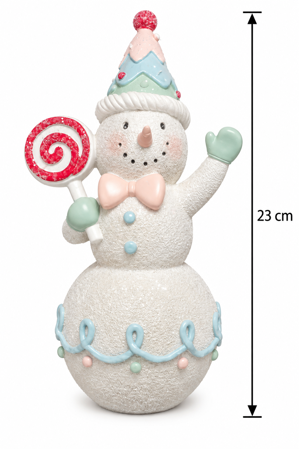 Pastel candy snowman figurine on a white background with a measurement arrow showing 23cm height