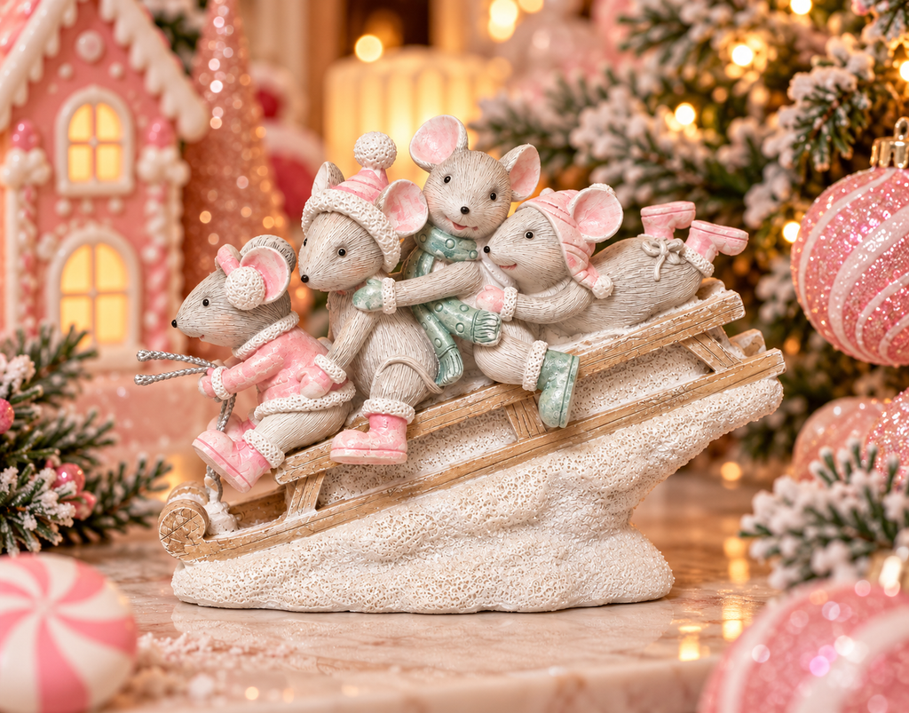 Four mice figurine riding a sled down a snowy hill, displayed on a marble table beside a gingerbread house and pink Christmas decorations