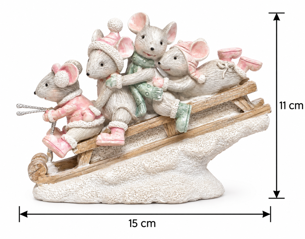 Four mice figurine riding a sled on a white background with measurement arrows showing 15cm length and 11cm height