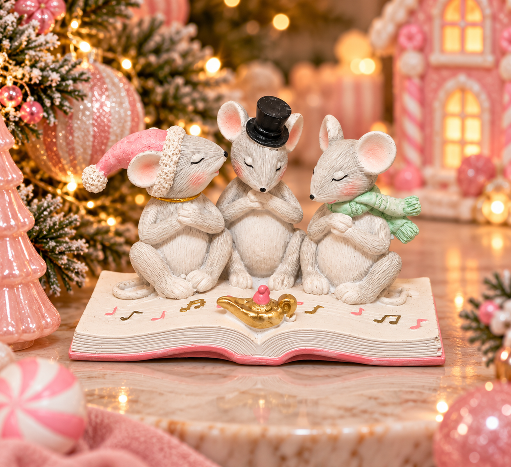 Three mice figurine wearing a Santa hat, top hat, and scarf, singing carols on an open songbook, displayed near a Christmas tree and pink gingerbread house