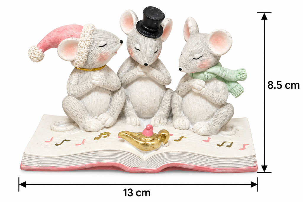 Three mice figurine on an open songbook on a white background with measurement arrows showing 13cm length and 8.5cm height