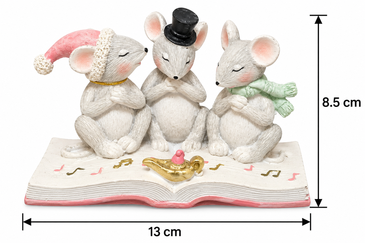 Three mice figurine on an open songbook on a white background with measurement arrows showing 13cm length and 8.5cm height