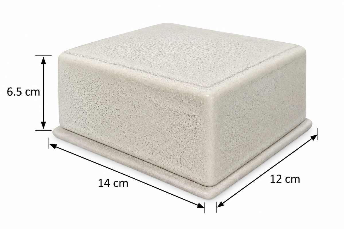 Crackle glaze ceramic butter dish with lid closed on a white background, with measurement arrows showing 14cm length, 12cm width, and 6.5cm height