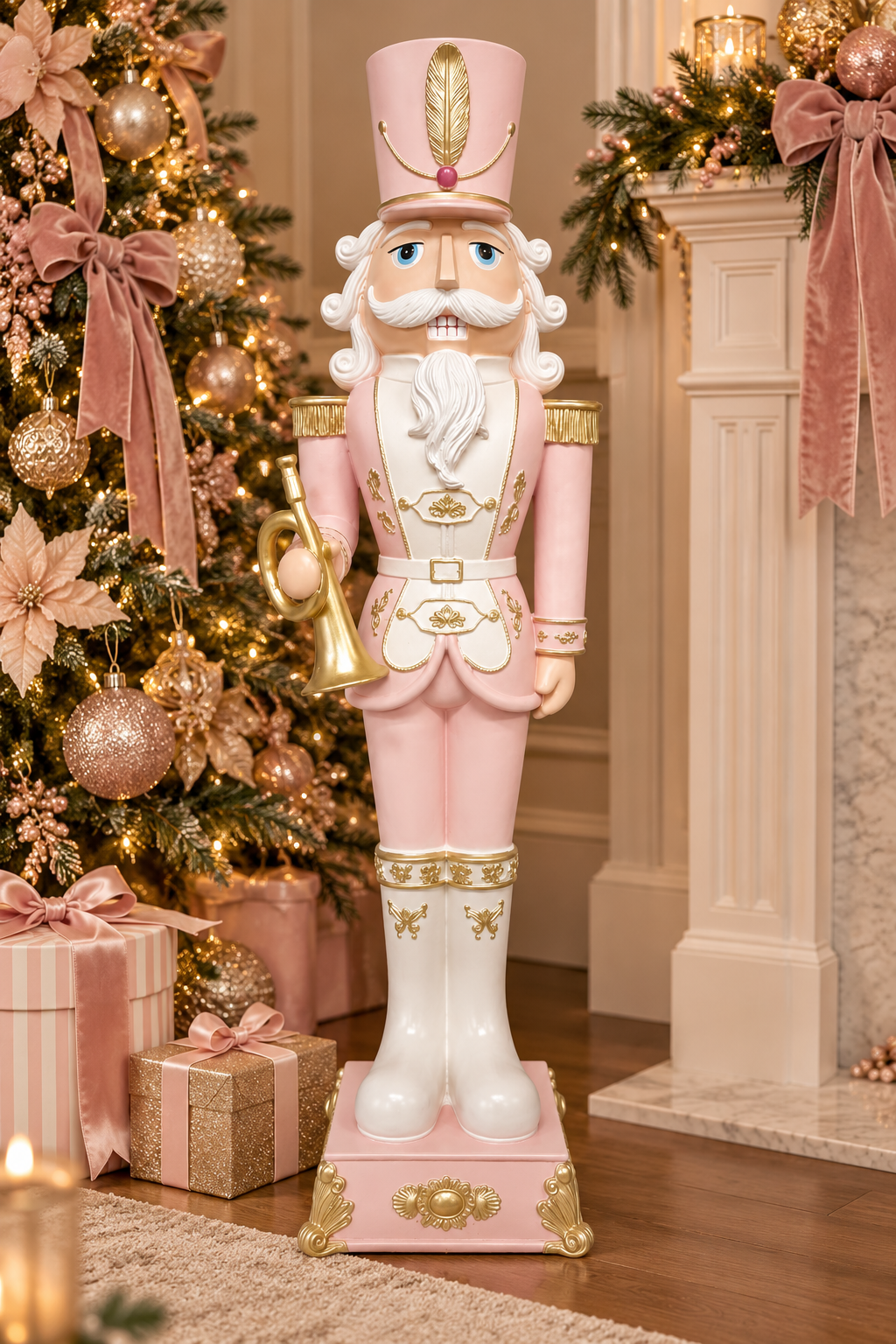 Pink and gold nutcracker soldier statue displayed beside a decorated Christmas tree with pink and gold ornaments and wrapped gifts