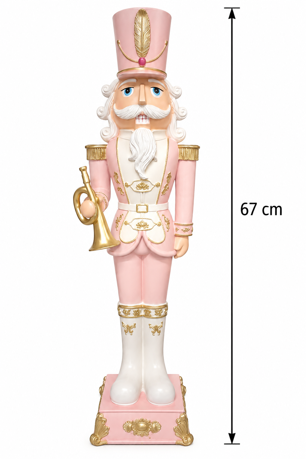 Pink and gold nutcracker soldier statue on a white background with a measurement arrow showing 67cm height