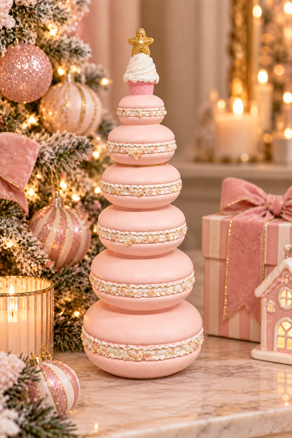 Pink macaron stack Christmas tree with gold star and ice cream cone topper displayed on a marble table beside a Christmas tree, candles, and gift boxes