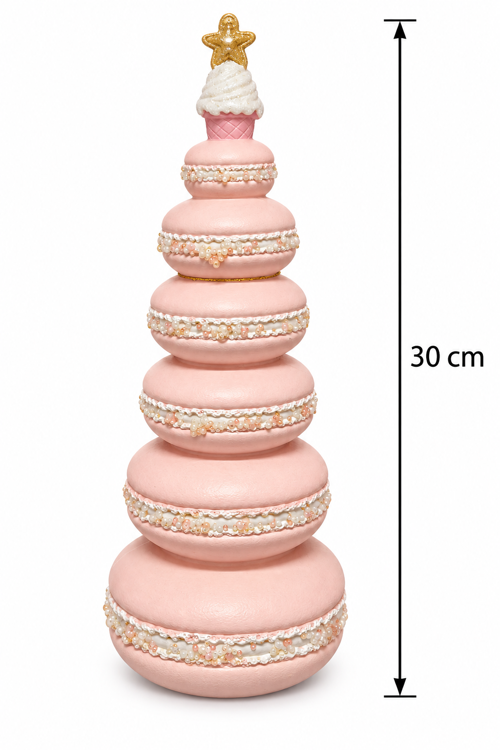 Pink macaron stack Christmas tree on a white background with a measurement arrow showing 30cm height
