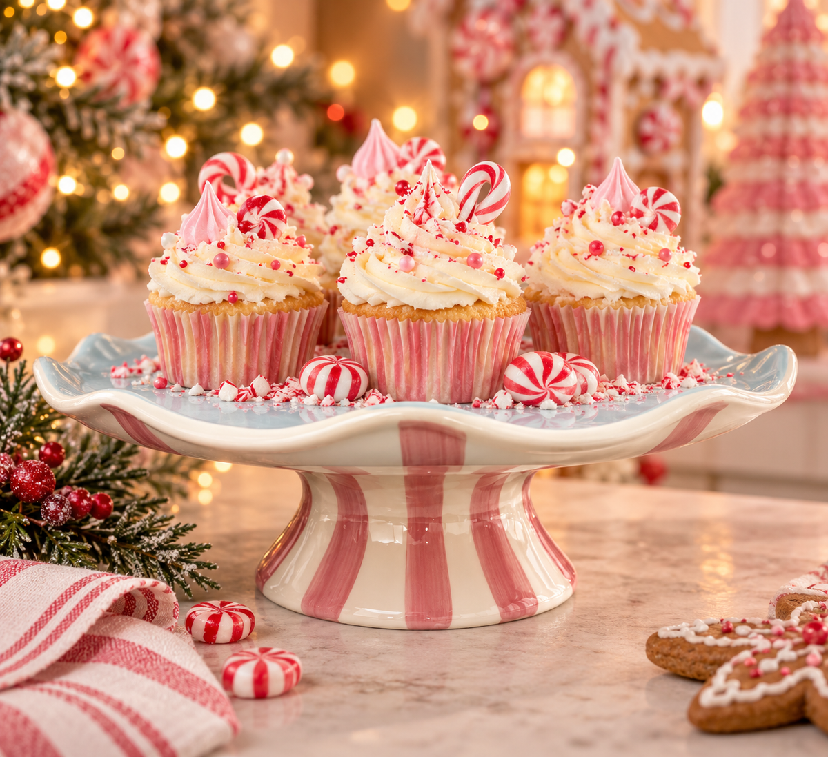 Candy cane striped ceramic cake stand holding peppermint frosted cupcakes, styled with a gingerbread house and Christmas trees in the background
