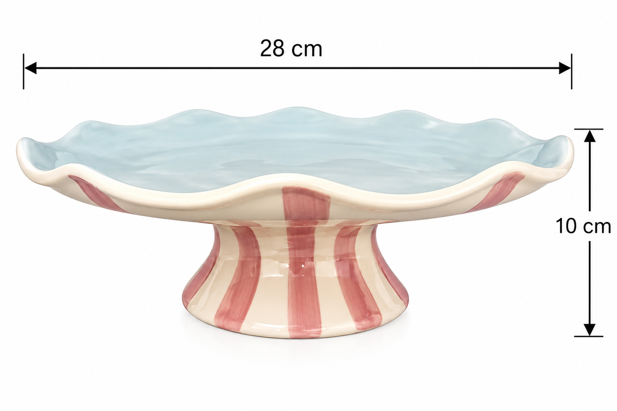 Product dimension diagram of the candy cane striped ceramic cake stand showing 28cm width and 10cm height