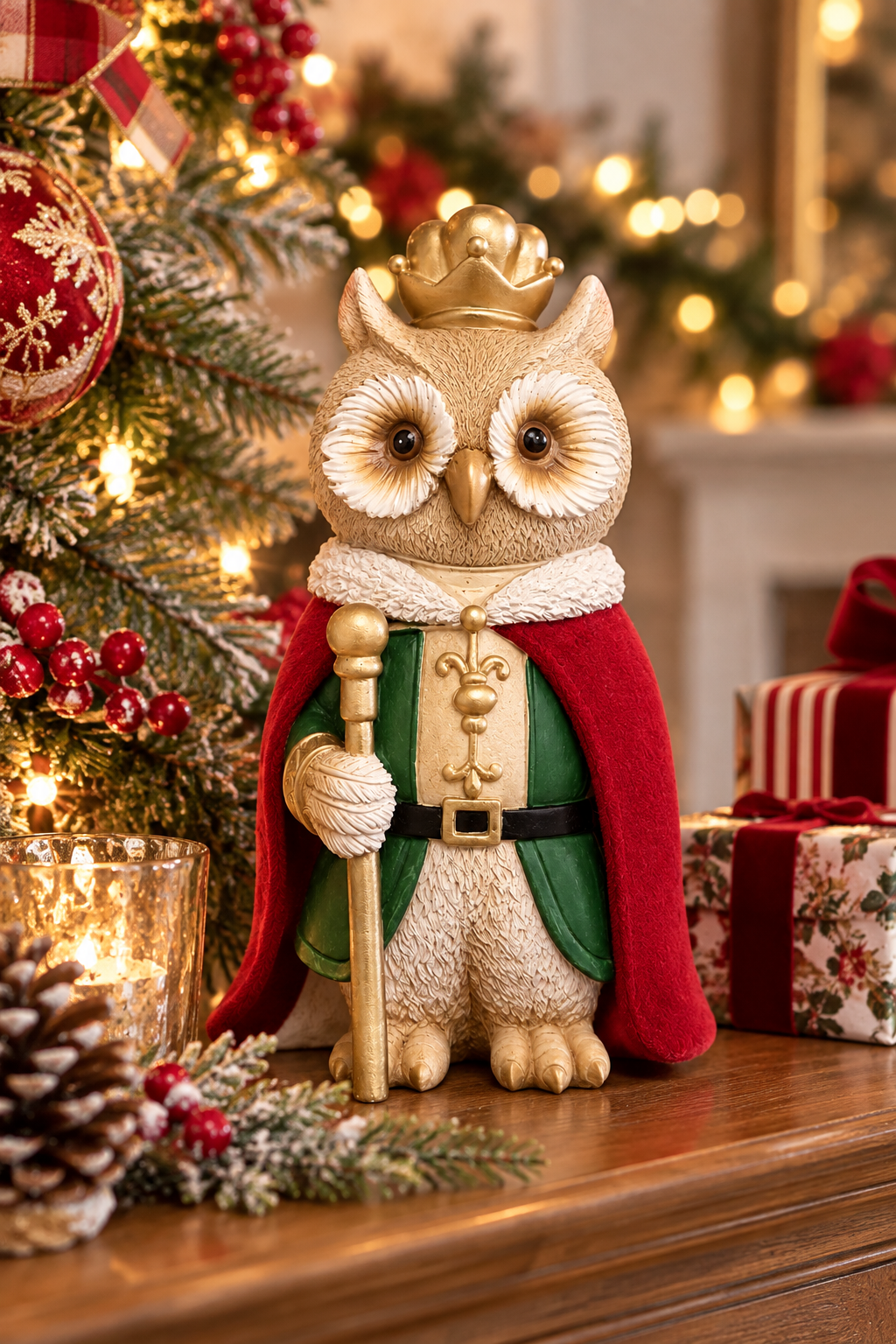 Owl king figurine wearing a gold crown, red velvet cape and green robe, holding a gold scepter, styled on a mantel with Christmas tree and gifts