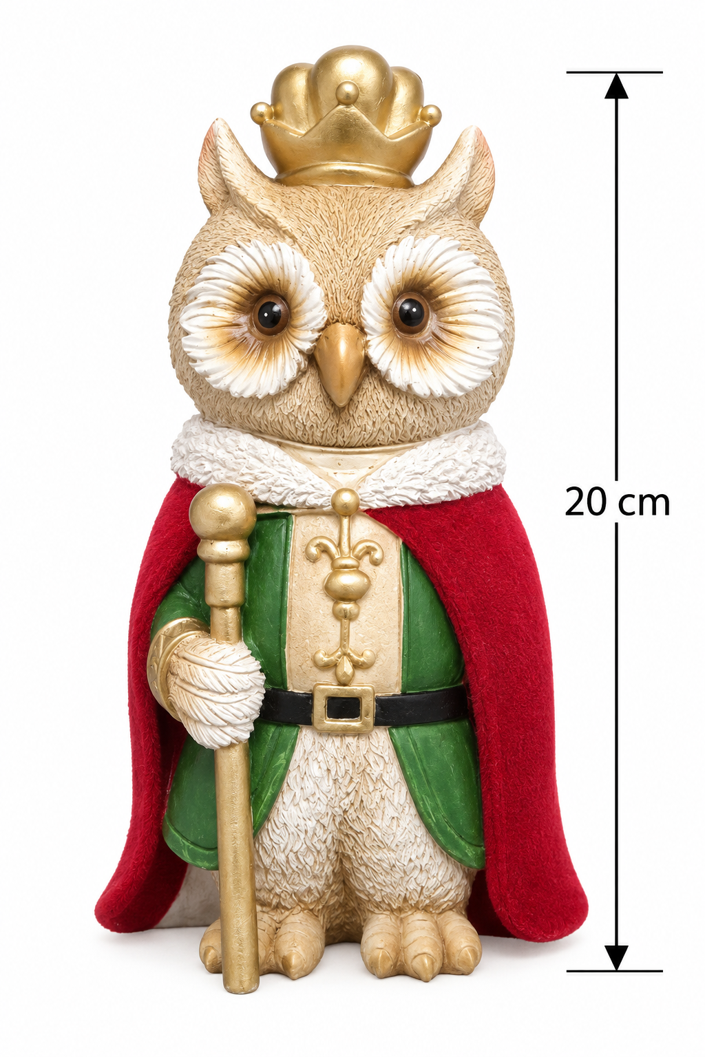Product dimension diagram of the owl king figurine showing 20cm height