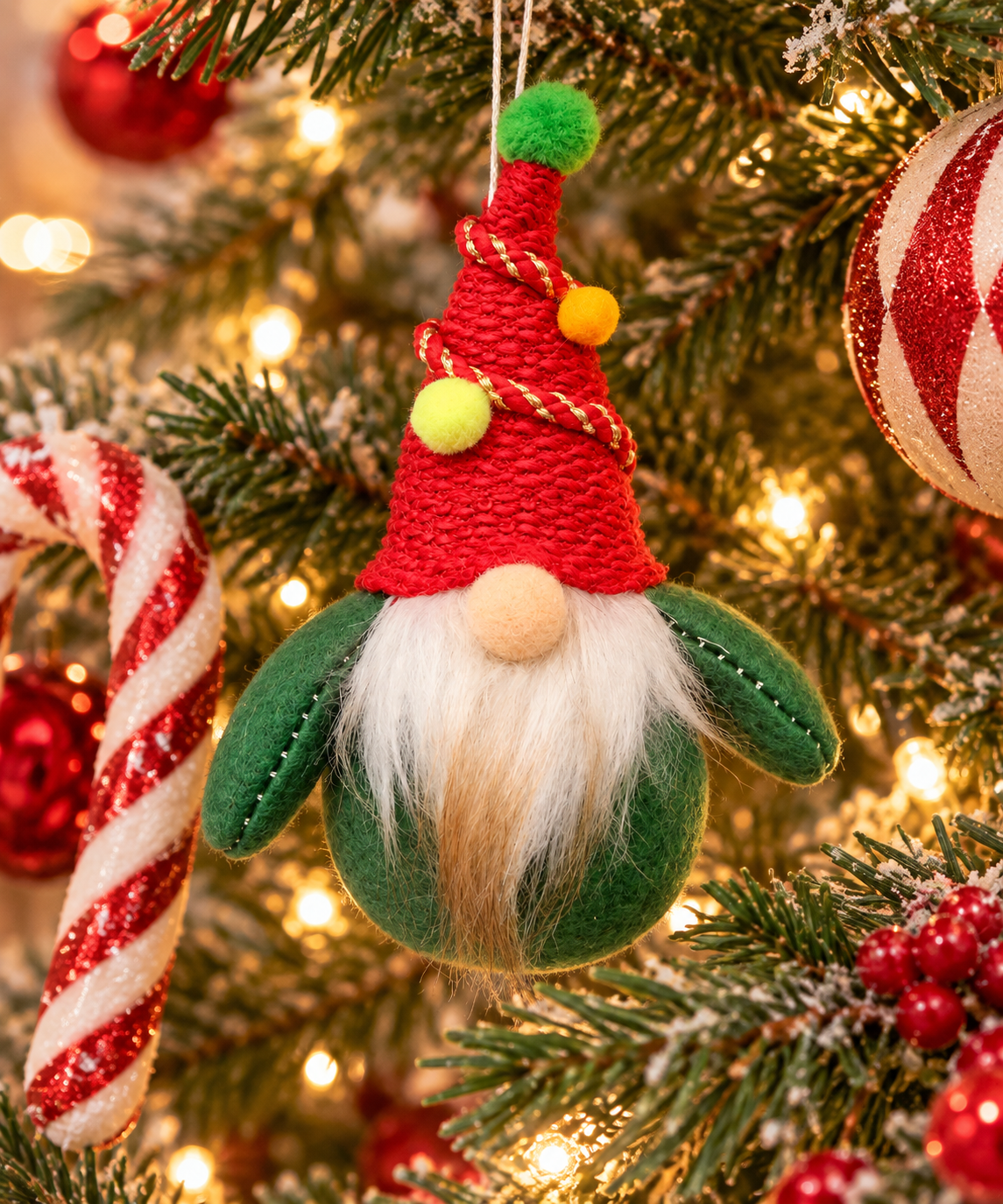 Plush gnome hanging ornament with red knitted hat, gold cord and pompoms, hanging on a Christmas tree beside a candy cane