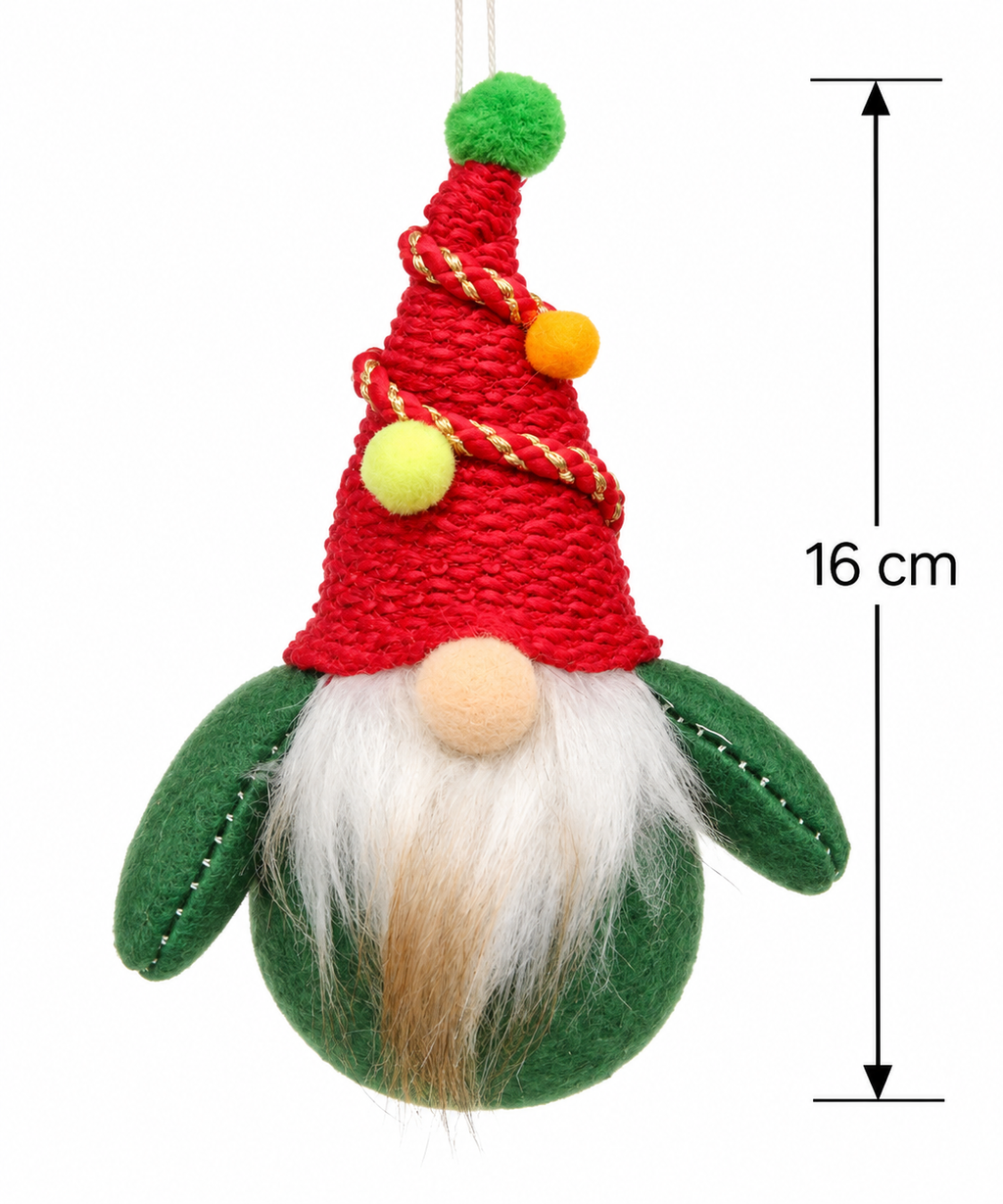 Product dimension diagram of the plush gnome hanging ornament showing 16cm height