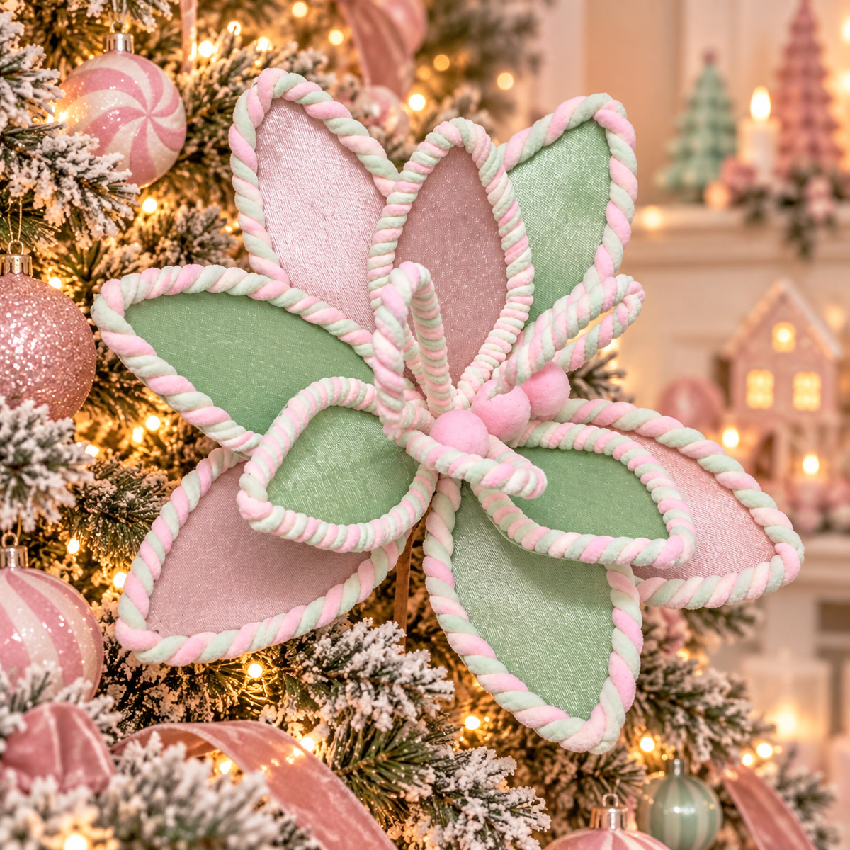 Pastel pink and sage fabric flower pick with candy-twist trim, styled in a Christmas tree among ornaments and pastel decor