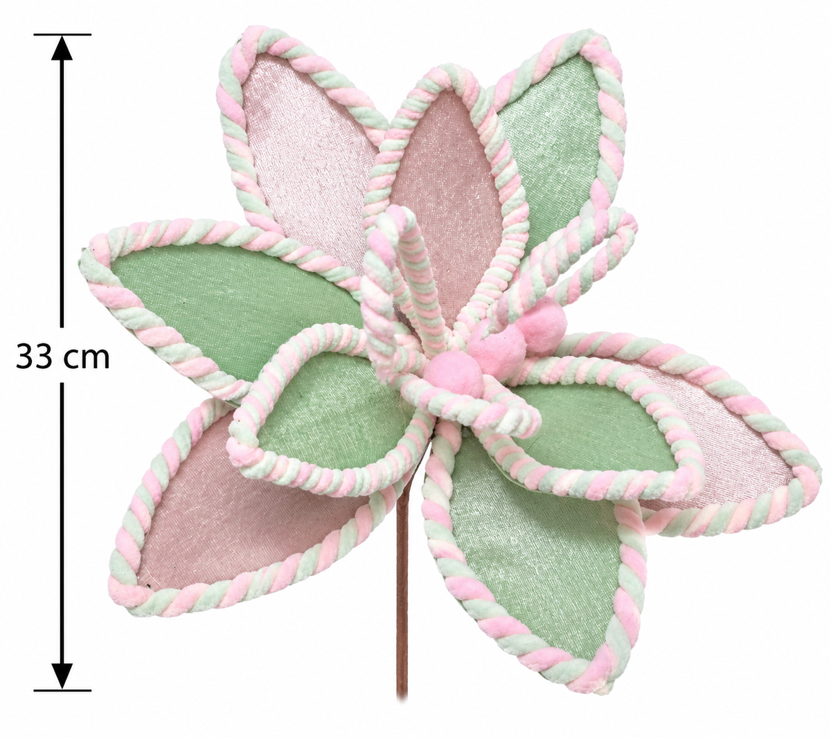 Product dimension diagram of the pastel flower pick showing 33cm length