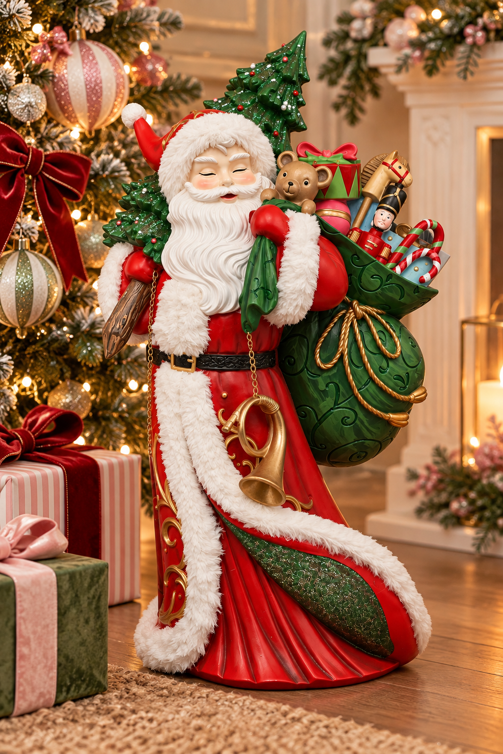 Large traditional Santa figurine with a toy-filled sack, gold horn and staff, styled beside a Christmas tree and wrapped gifts