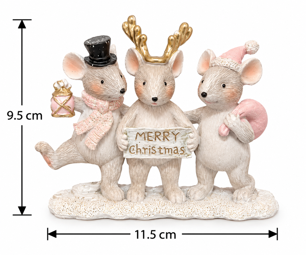 Product dimension diagram of the mice trio figurine showing 9.5cm height and 11.5cm width