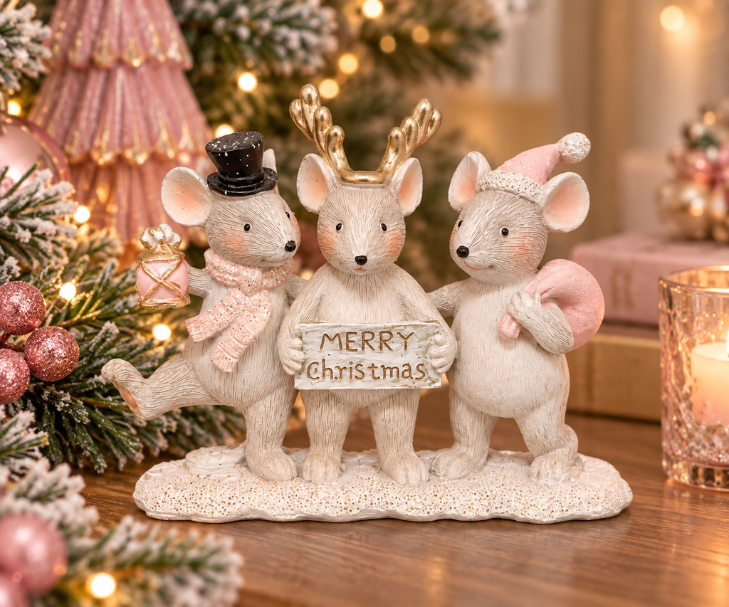 Three cream mice figurines holding a "Merry Christmas" sign, wearing a top hat, gold antlers and a pink santa hat, styled with Christmas trees and candles