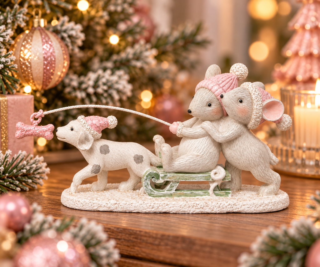 Two mice figurines riding a sled pulled by a spotted dog wearing a santa hat, holding a bone on a stick, styled with pink Christmas decor