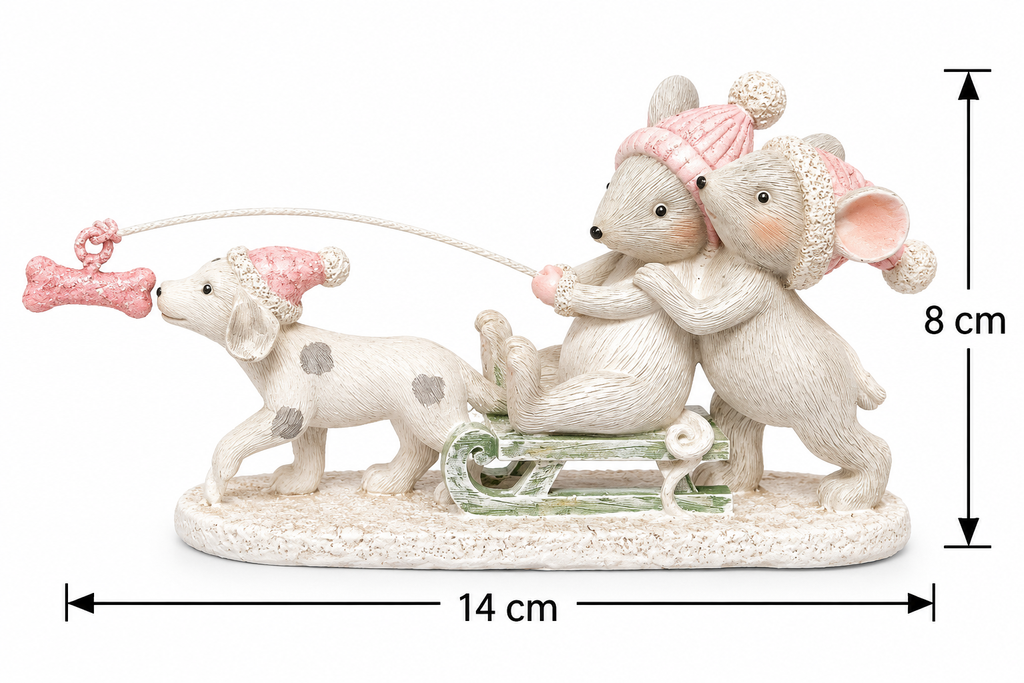Product dimension diagram of the mice on sled with puppy figurine showing 14cm width and 8cm height