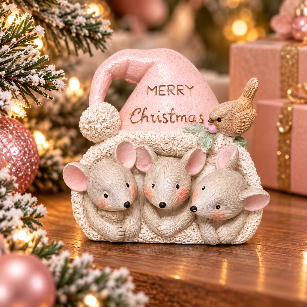 Three mouse faces peeking out from under a glittery pink santa hat with "Merry Christmas" lettering and a small bird on the brim, styled with pink Christmas decor