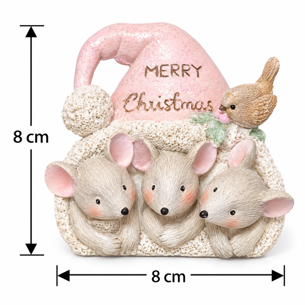 Product dimension diagram of the three mice in santa hat figurine showing 8cm height and 8cm width
