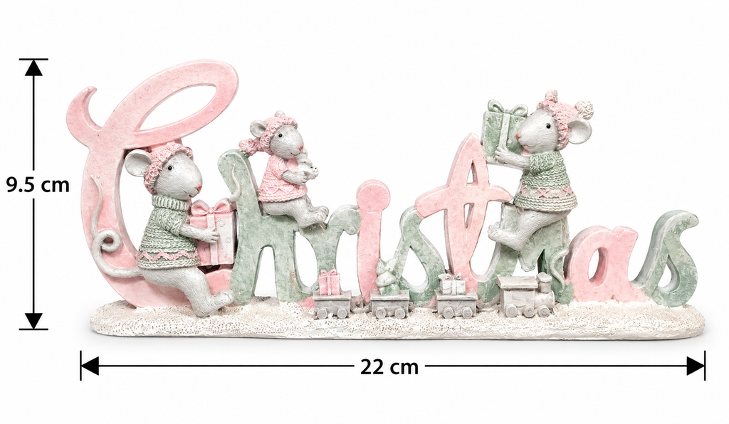 Pastel "Christmas" word sign on white background with measurements showing 9.5cm height and 22cm width, front view of mouse figures and train detail