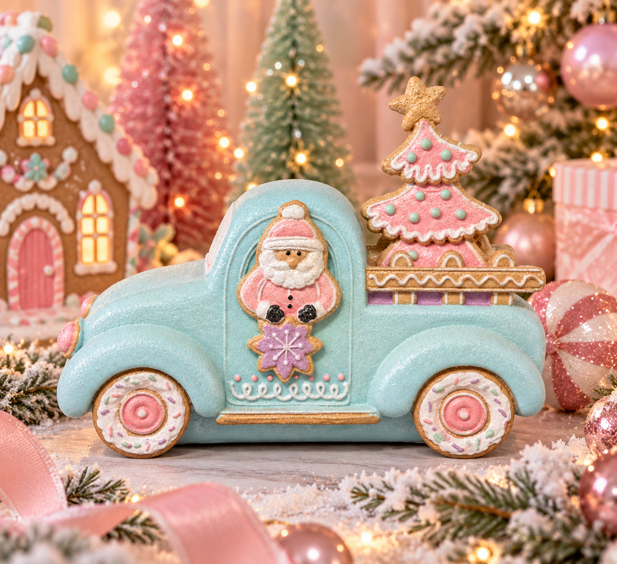 Pastel blue gingerbread Santa truck figurine carrying a frosted gingerbread tree, styled among pink Christmas trees and a gingerbread house