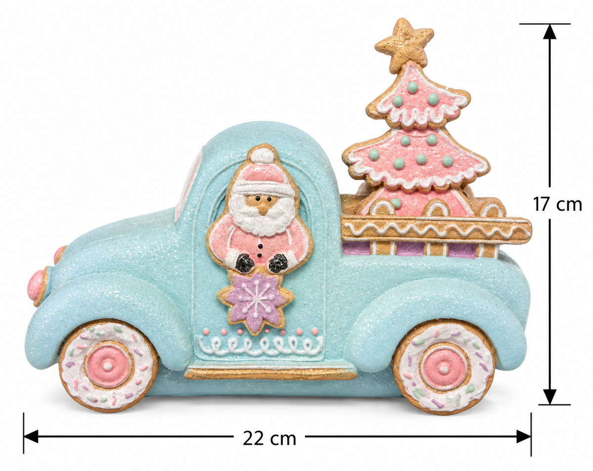 Product dimension diagram of the gingerbread Santa truck figurine showing 22cm width and 17cm height