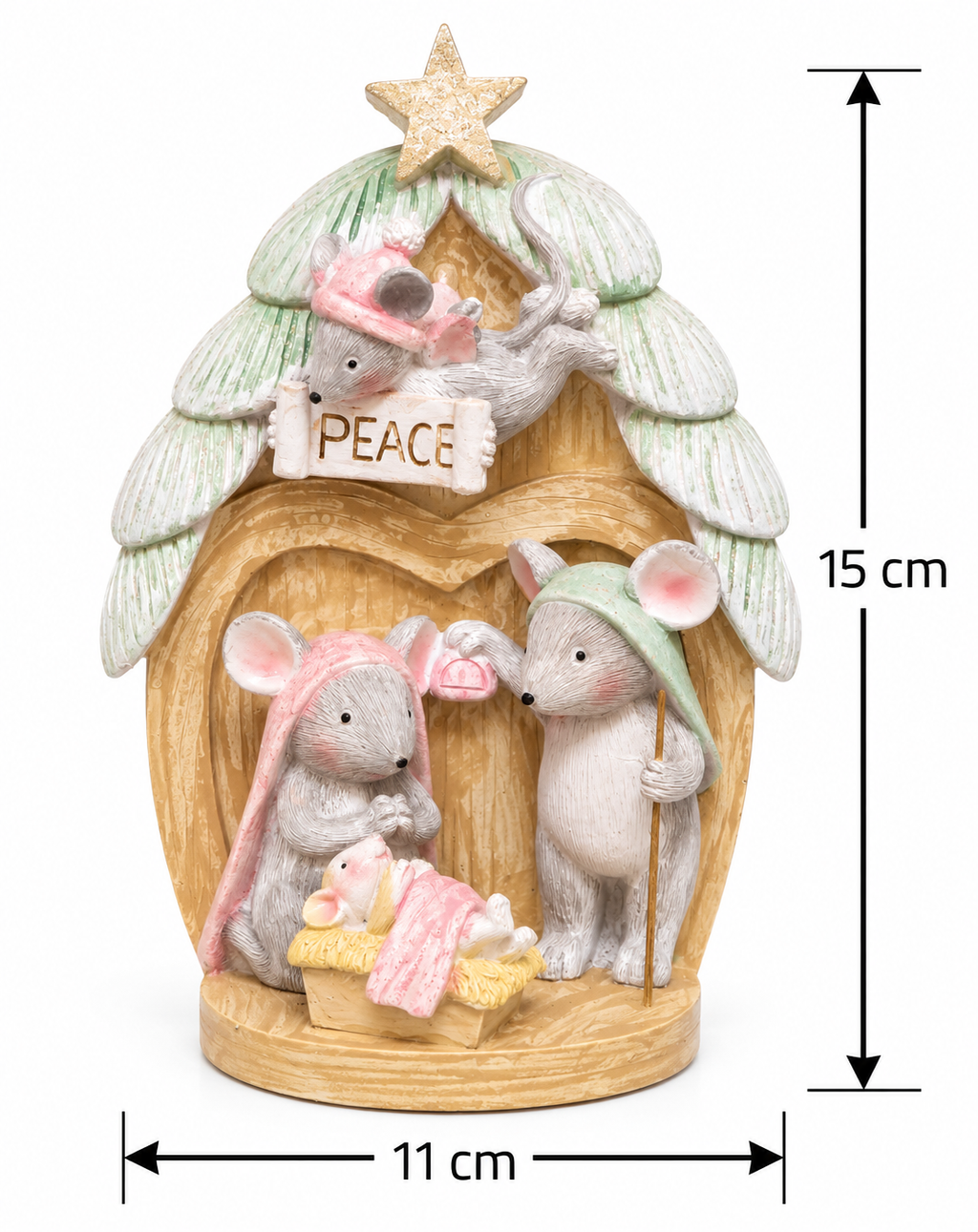 Product dimension diagram of the mouse nativity scene figurine showing 15cm height and 11cm width