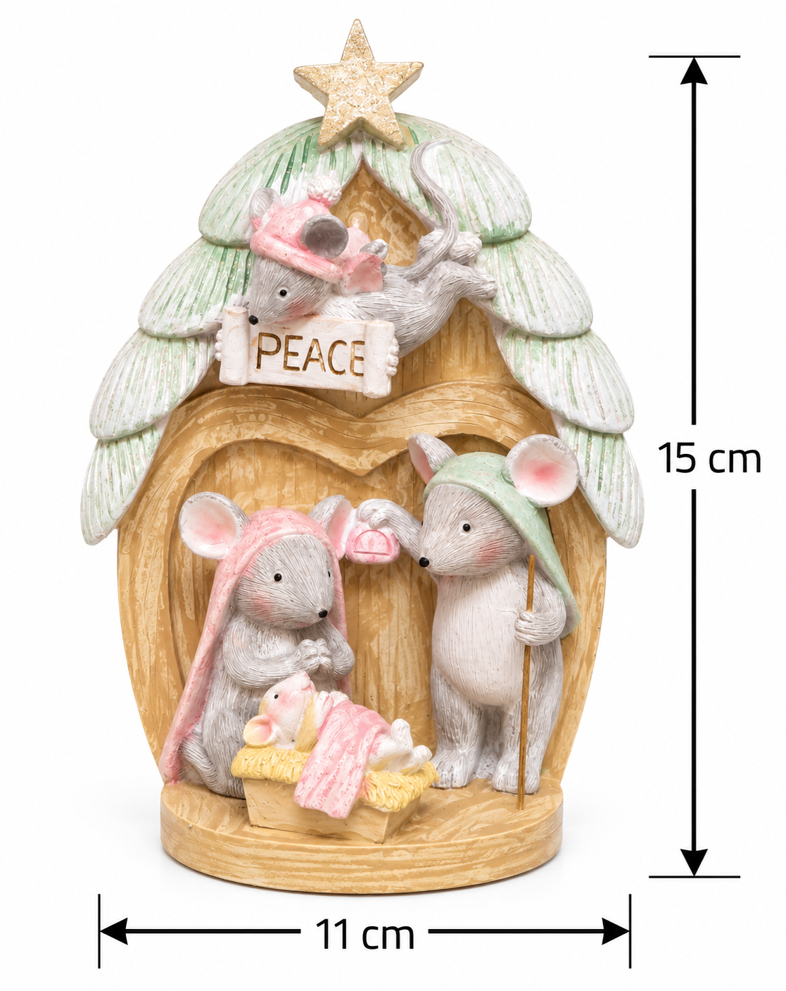 Product dimension diagram of the mouse nativity scene figurine showing 15cm height and 11cm width
