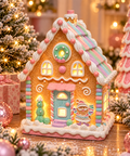 Light-up pastel gingerbread house figurine with glowing windows, candy striped roof and a Santa decoration, styled with Christmas trees and gifts