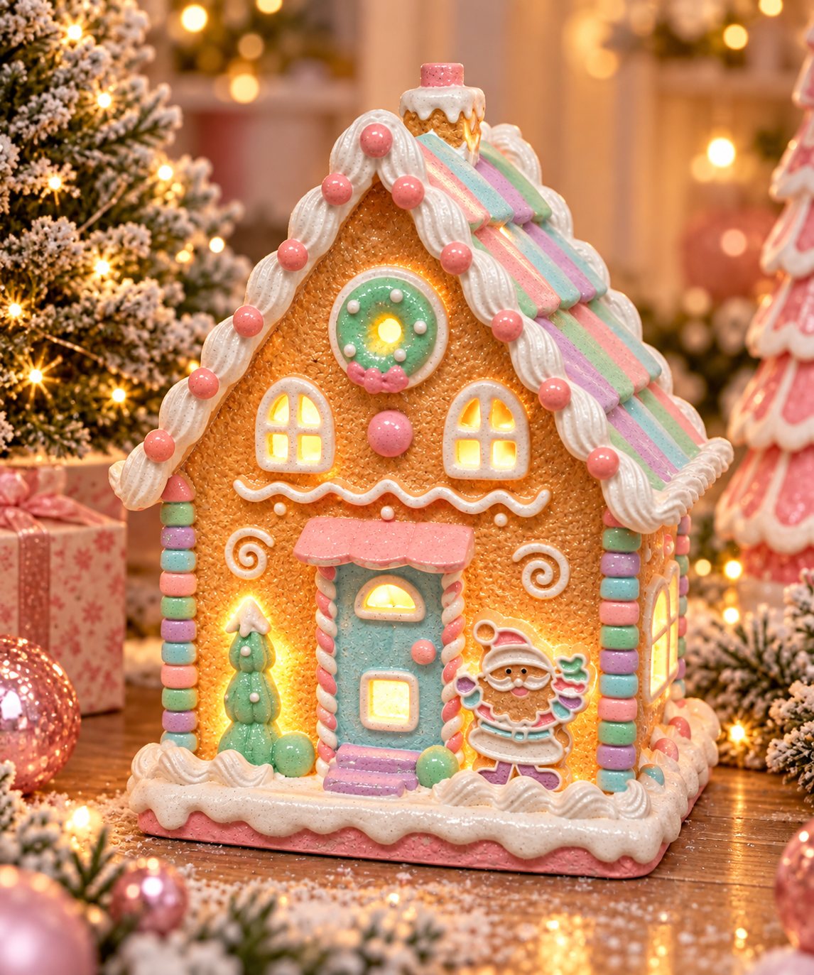 Light-up pastel gingerbread house figurine with glowing windows, candy striped roof and a Santa decoration, styled with Christmas trees and gifts