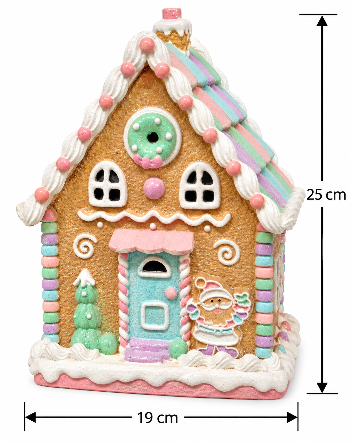 Product dimension diagram of the light-up pastel gingerbread house showing 25cm height and 19cm width
