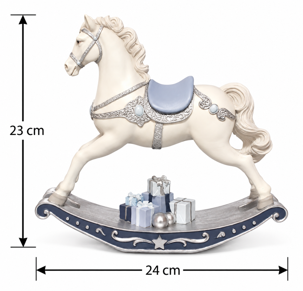 Product dimension diagram of the rocking horse figurine showing 23cm height and 24cm width
