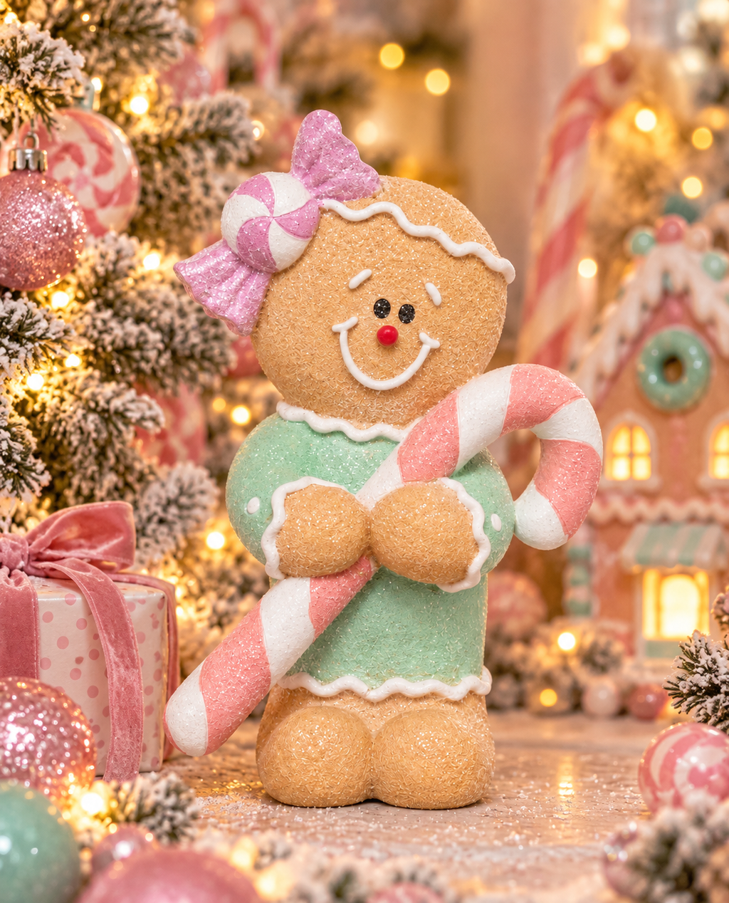 Gingerbread girl figurine with a pink peppermint bow and mint green dress holding a candy cane, styled among Christmas trees and a gingerbread house