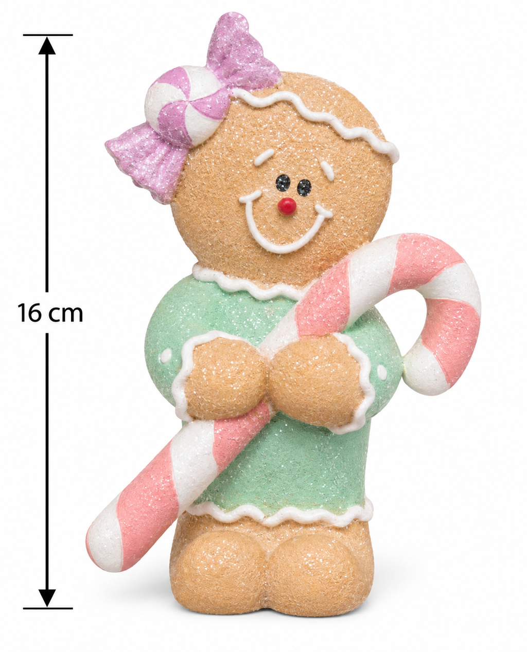 Product dimension diagram of the gingerbread girl figurine showing 16cm height