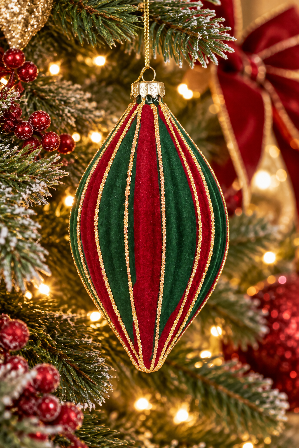 Red and green velvet striped finial Christmas ornament hanging on a decorated tree, gold beaded detailing catching the light with warm fairy lights and a red velvet bow in the background