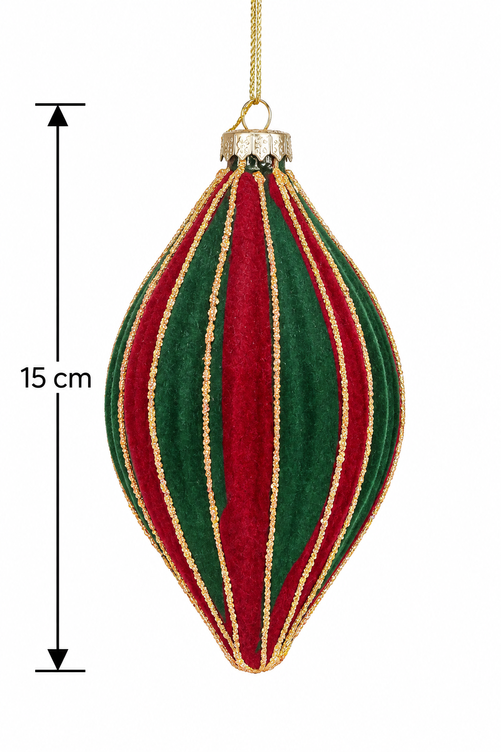 Red and green velvet striped finial ornament on a white background with a dimension arrow showing 15cm height, gold cap and hanging cord visible