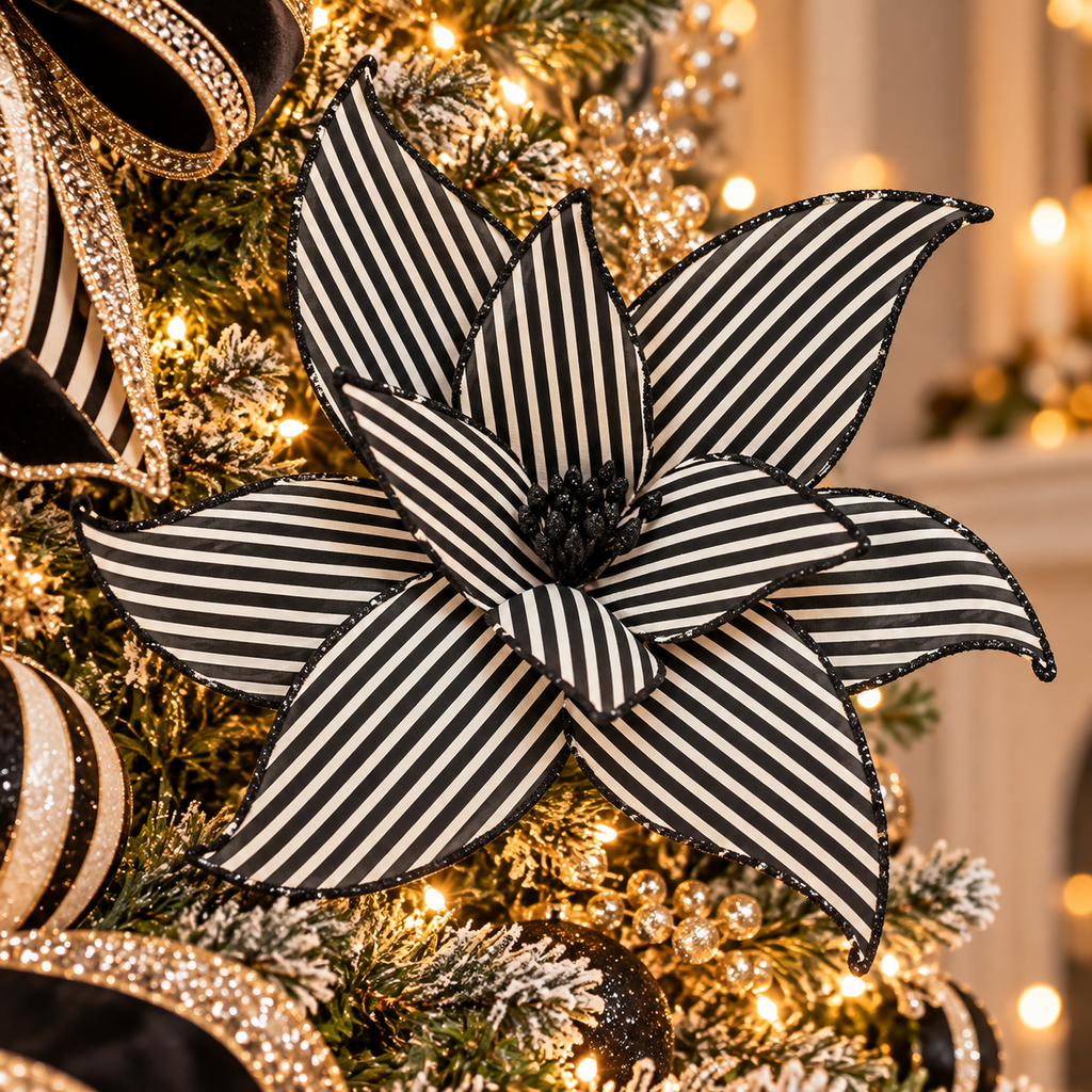 Black and white striped poinsettia flower stem with glitter-edged petals nestled in a black and gold monochrome Christmas tree, striped ribbon and warm fairy lights in the background